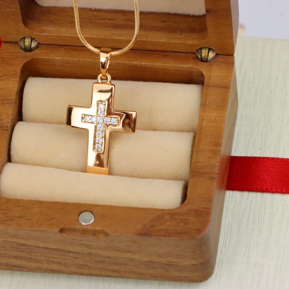 "Rose Gold Cross Pendant with Inset CZ Accents in Glossy Finish, XPPT1847 - Picture 7 of 13